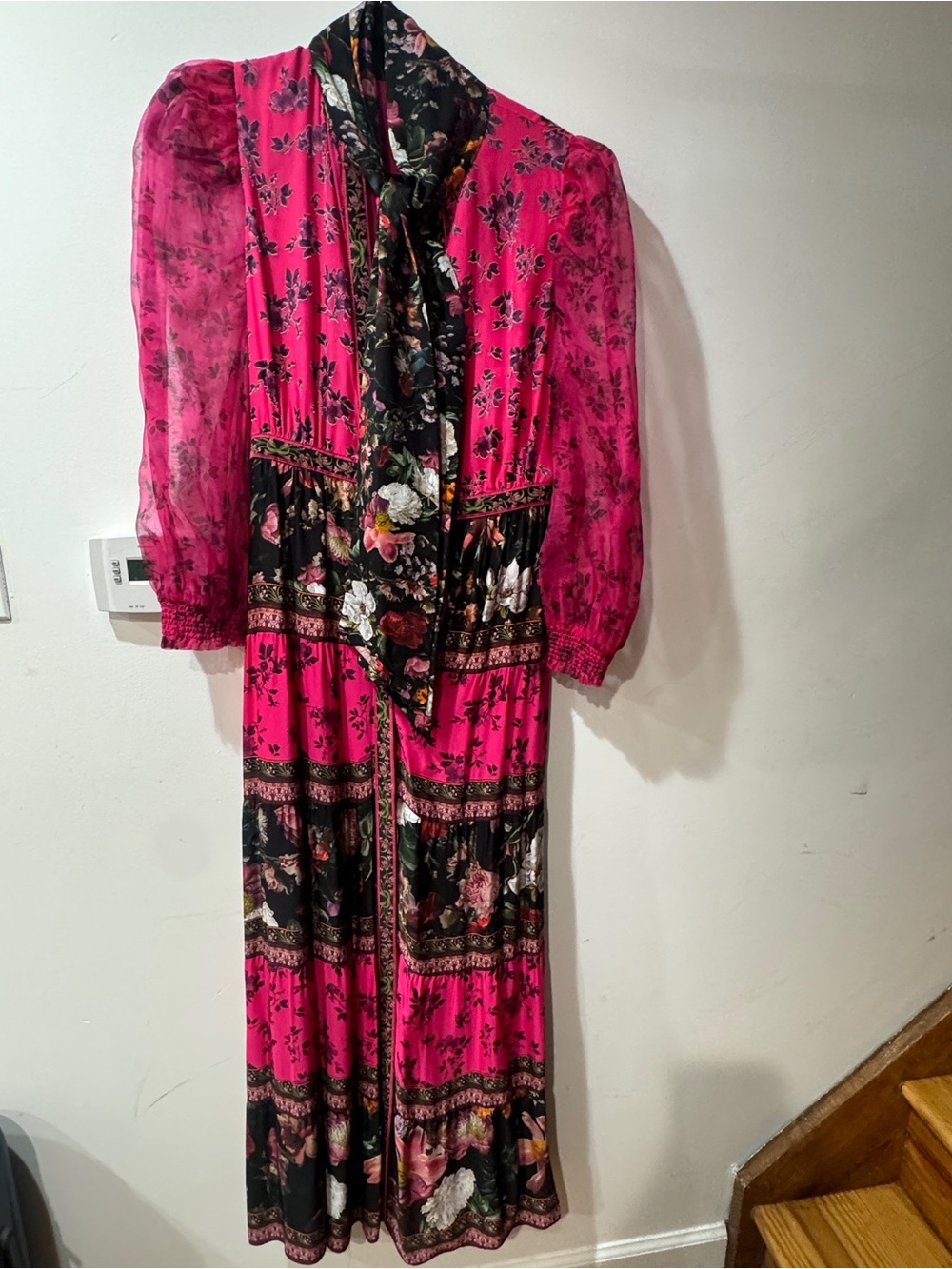 Alice and Olivia Floral Tie-Neck Long Sleeve Maxi Dress in Fuchsia and Black